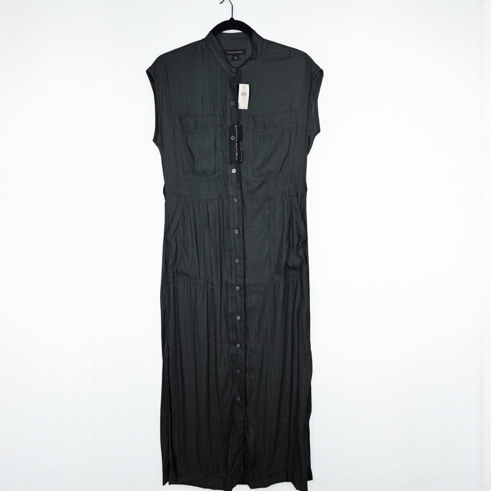 Banana Republic Petite XS Maxi Dress Black Sleeveless Button Front Career Casual